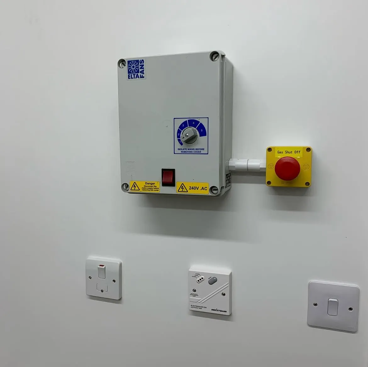 Commercial kitchen extract fan controller, gas shut-off emergency stop, fused connection unit and time switch